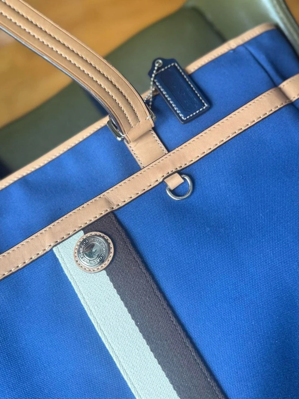 Coach Premium Voyager Blue Canvas Tote with Tan Leather Trim Tote Bag